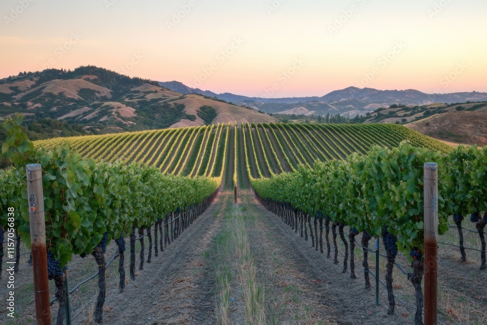 Fototapeta premium Scenic vineyard landscape with rows of grapevines under a colorful sunset in a rural area