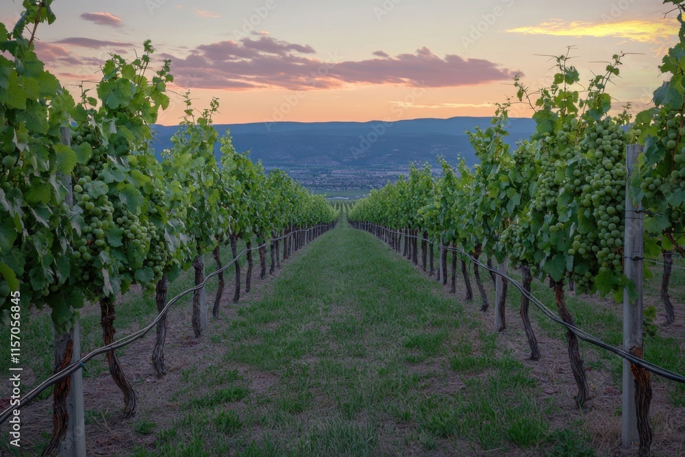 Fototapeta premium Vineyard landscape at sunset showcasing rows of grapevines and a beautiful sky