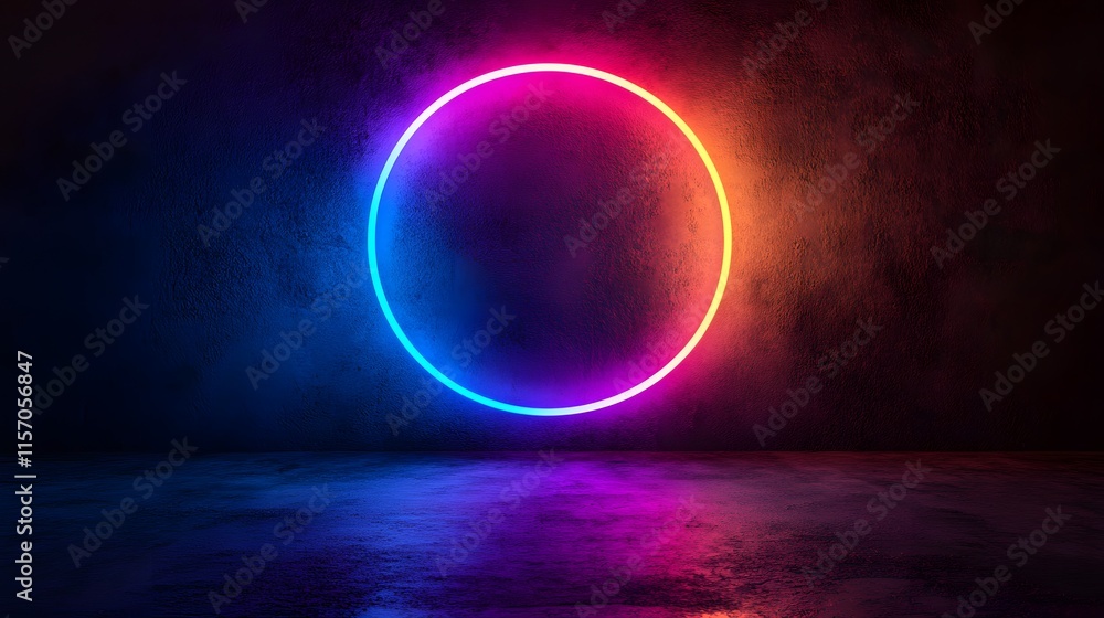Illuminated neon circle dark room digital art urban aesthetic low angle contemporary design Illuminated neon circle dark room digital art urban aesthetic low angle contemporary design