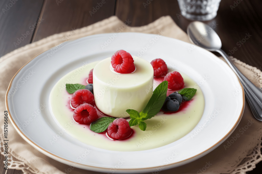 desserts with fine dinning theme, with beautiful berry fruit decoration, green garnish desserts with fine dinning theme, with beautiful berry fruit decoration, green garnish
