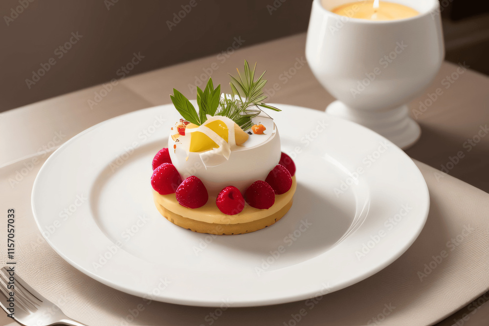desserts with fine dinning theme, with beautiful berry fruit decoration, green garnish desserts with fine dinning theme, with beautiful berry fruit decoration, green garnish
