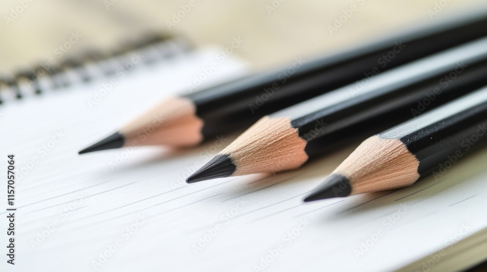 Three black pencils on a blank notebook page. Three black pencils on a blank notebook page.