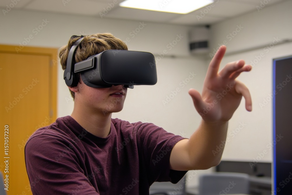 Teen engages with virtual reality technology in an interactive learning environment Teen engages with virtual reality technology in an interactive learning environment