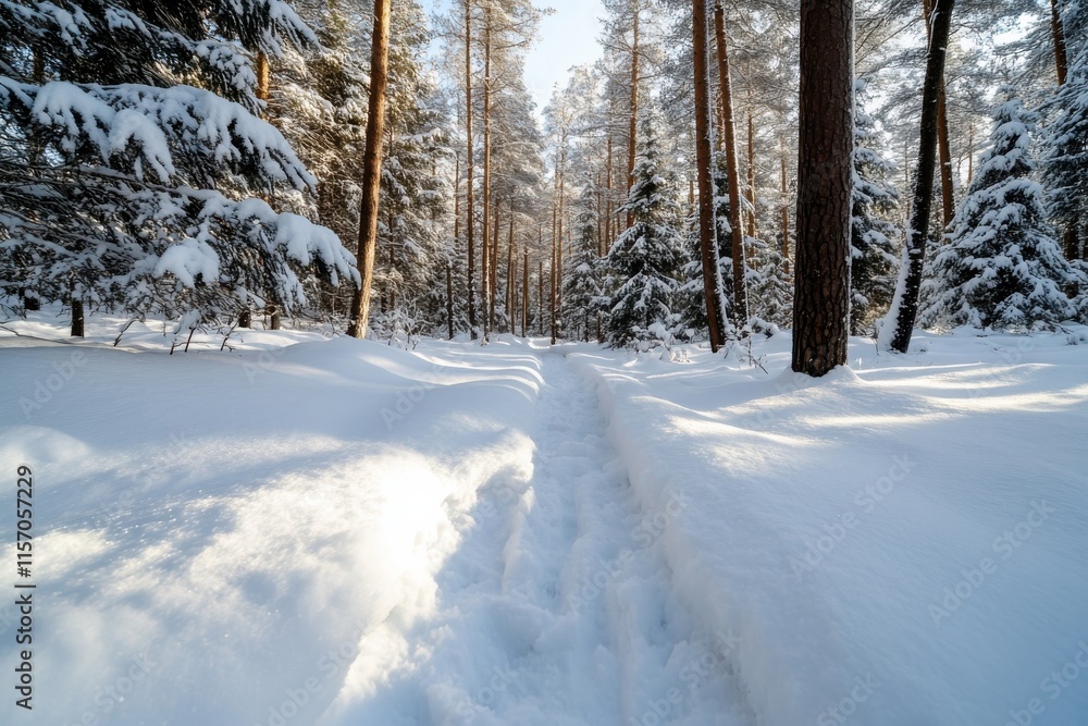 Fototapeta premium The enchanting view of a winding snowy trail through a serene forest of pines, illuminated by the gentle glow of sunlight, capturing the essence of winter beauty.