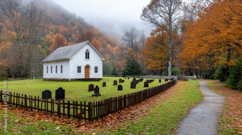 On a foggy morning in West Virginia, an old cemetery stands in front of a small white church amidst the serene mountain backdrop