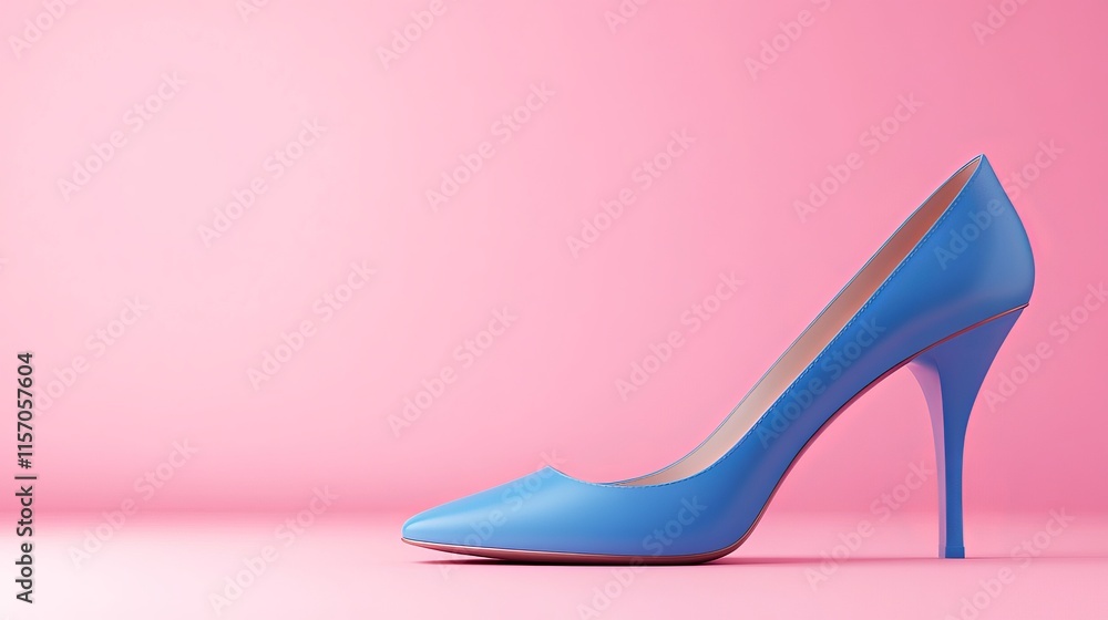 Blue high heels positioned on a pastel pink background featuring a minimalistic concept 3D rendering Blue high heels positioned on a pastel pink background featuring a minimalistic concept 3D rendering