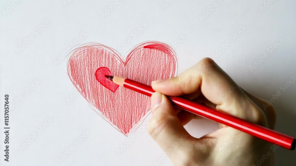 Hand Sketching a Heart with Red Colored Pencil on White Paper Background Hand Sketching a Heart with Red Colored Pencil on White Paper Background