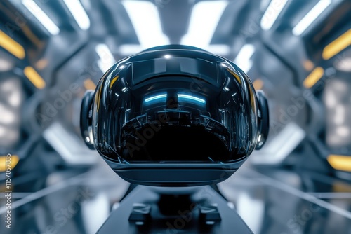 Futuristic helmet design displayed in a sleek, high-tech environment with glowing accents and advanced technology photo