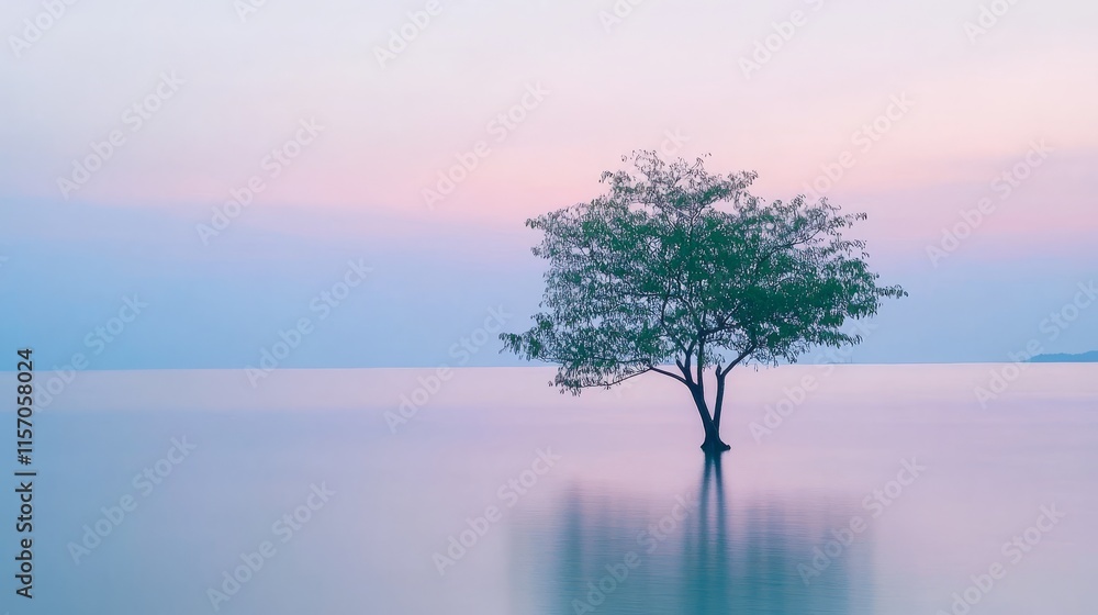 Tranquil view of a lone tree by water. Tranquil view of a lone tree by water.