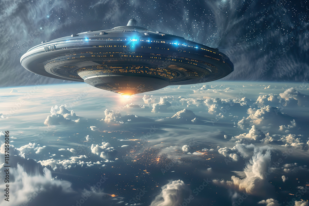 Iron oval UFO saucer hovering over beautiful landscape in deep dramatic sky, abstract vivid composition consists of fictional unreal fantastic vision on background Iron oval UFO saucer hovering over beautiful landscape in deep dramatic sky, abstract vivid composition consists of fictional unreal fantastic vision on background