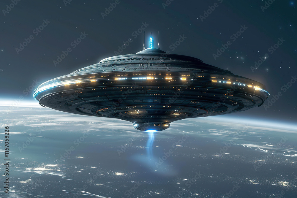 Iron oval UFO saucer hovering over beautiful landscape in deep dramatic sky, abstract vivid composition consists of fictional unreal fantastic vision on background Iron oval UFO saucer hovering over beautiful landscape in deep dramatic sky, abstract vivid composition consists of fictional unreal fantastic vision on background