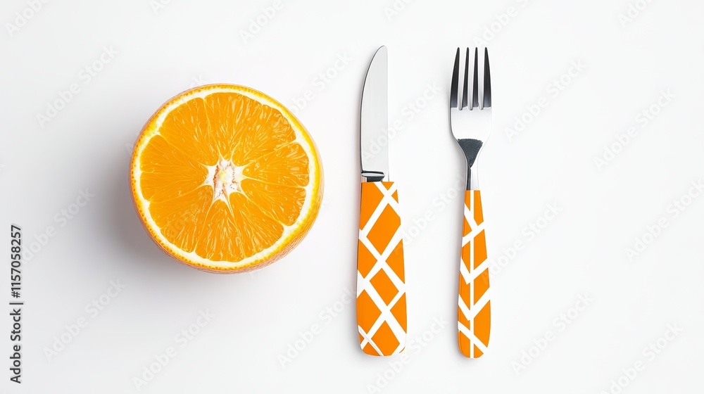 Empty orange plate featuring a geometric white pattern paired with a knife and fork View from above isolated on a white background Empty orange plate featuring a geometric white pattern paired with a knife and fork View from above isolated on a white background
