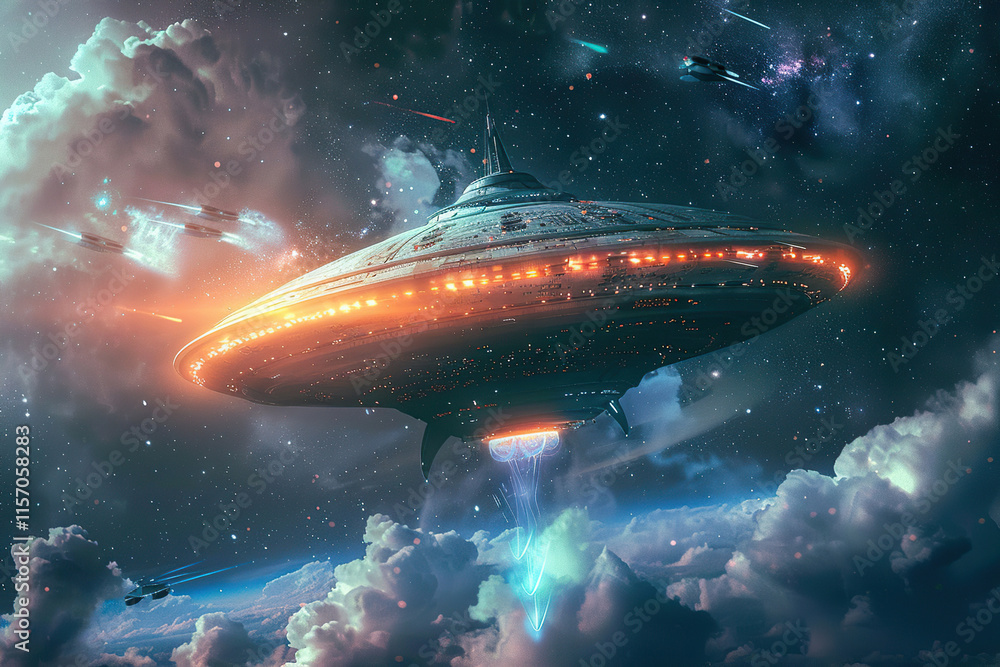 Iron oval UFO saucer hovering over beautiful landscape in deep dramatic sky, abstract vivid composition consists of fictional unreal fantastic vision on background Iron oval UFO saucer hovering over beautiful landscape in deep dramatic sky, abstract vivid composition consists of fictional unreal fantastic vision on background
