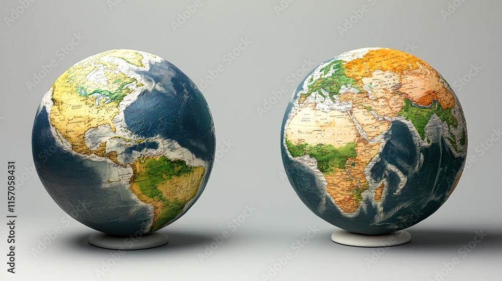 Two detailed globes showing Earth's continents. Two detailed globes showing Earth's continents.