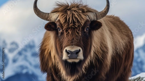 A majestic yak with thick fur and large horns standing against a snowy mountain backdrop. photo