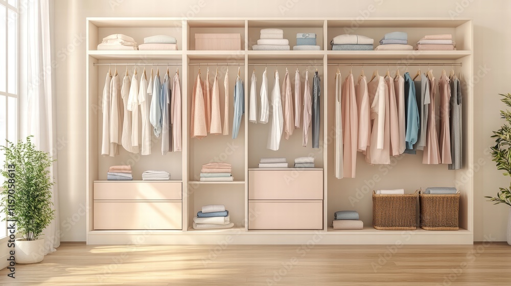 A neatly organized wardrobe with a capsule collection of clothes, soft pastel colors, and modern minimal design A neatly organized wardrobe with a capsule collection of clothes, soft pastel colors, and modern minimal design