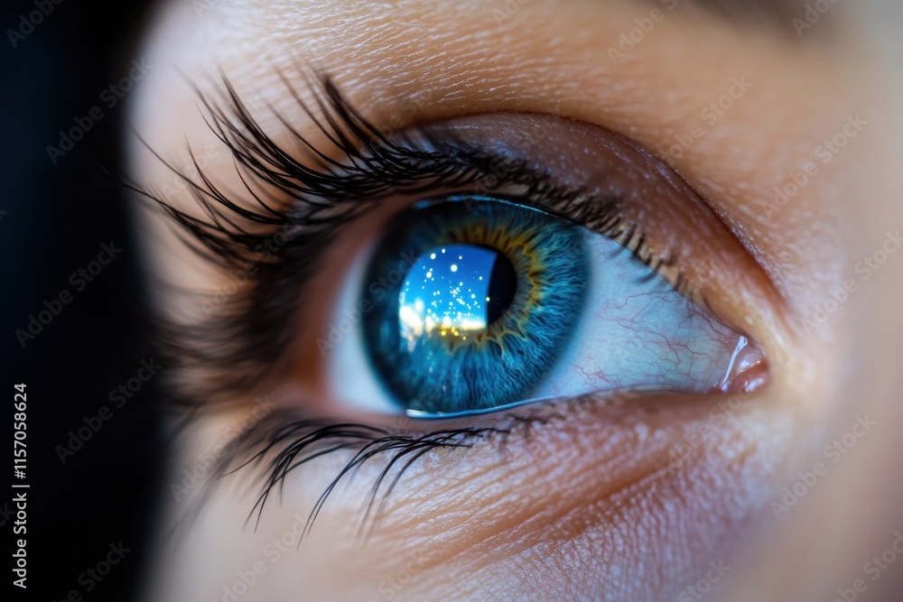 This striking image captures a blue eye adorned with intricate reflections of light, symbolizing clarity, depth, and the beauty of human vision. This striking image captures a blue eye adorned with intricate reflections of light, symbolizing clarity, depth, and the beauty of human vision.