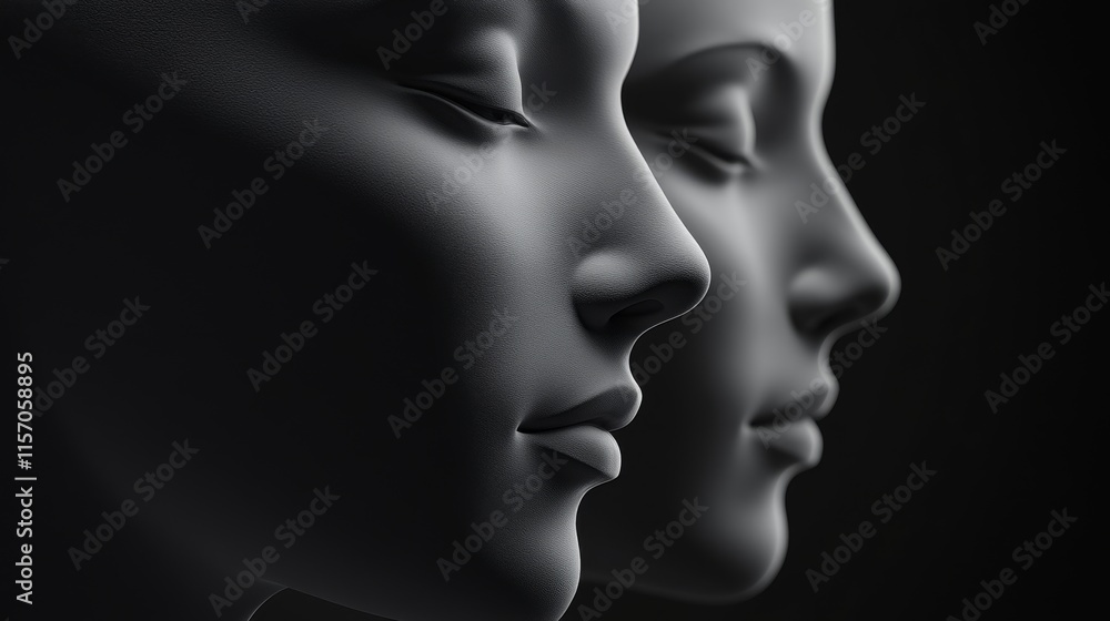 Obraz premium Two serene abstract faces in profile view.