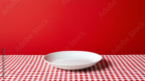Empty plate placed on a red checkered tablecloth