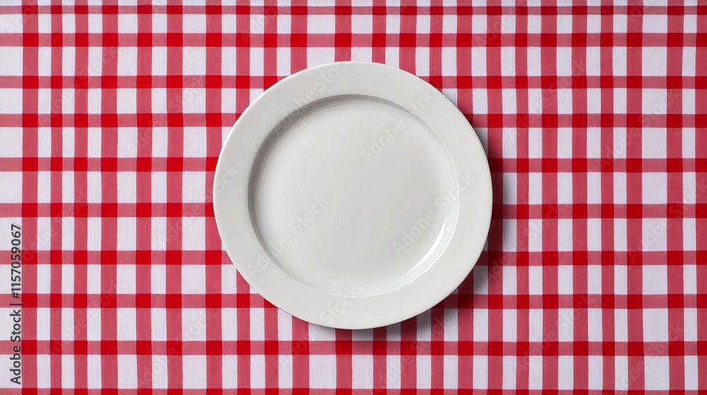Empty plate placed on a red checkered tablecloth Empty plate placed on a red checkered tablecloth