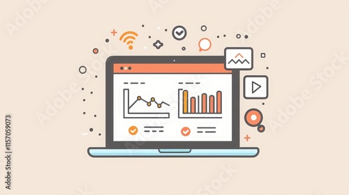 A laptop showing a digital marketing plan with Google Analytics data for tracking website traffic and conversions.