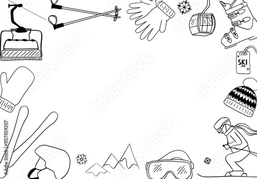 Ski sport banner in graphic line style. Skiing equipment in poster skis, helmet, poles, goggles isolated on background. Promotion for winter sport school template. Vector illustration