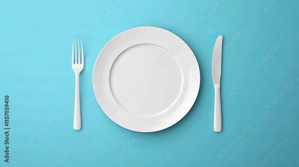 Flat icon of a plate with a fork and knife on a blue background Flat icon of a plate with a fork and knife on a blue background