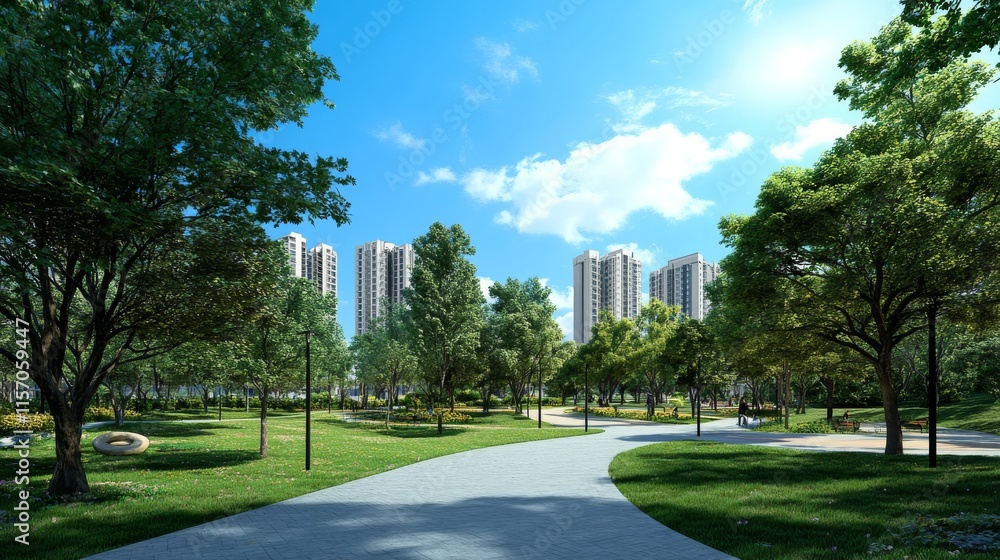 Urban park path with modern buildings in background. Urban park path with modern buildings in background.