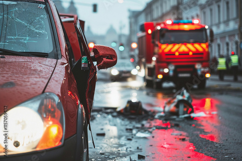 Collision of vehicles involved in major accident on city road with major damage, abstract vivid composition consists of fictional unreal fantastic vision on background photo