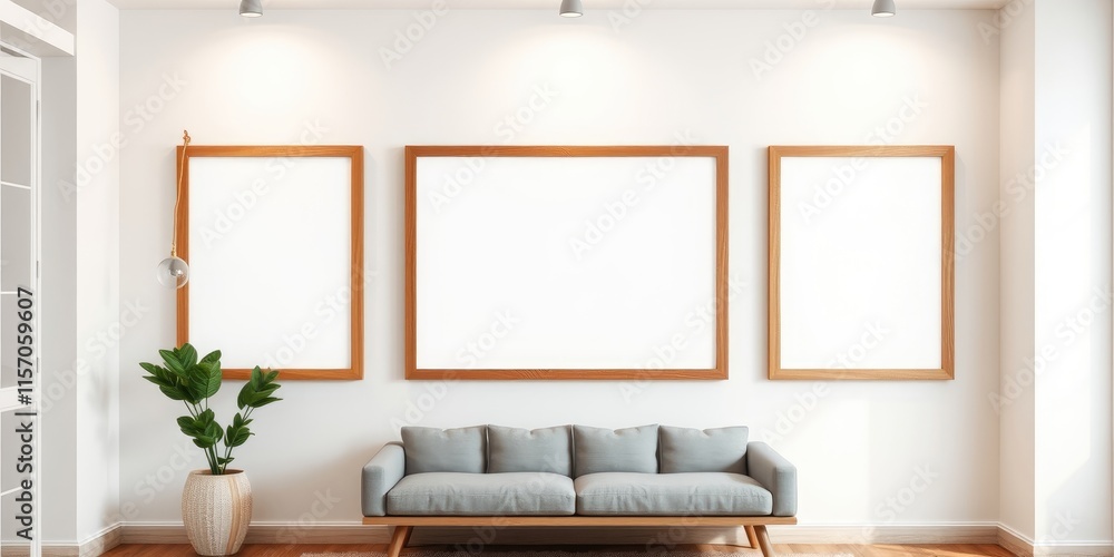 Fototapeta premium Modern minimalist living room interior design with three empty wooden frames above a light gray couch