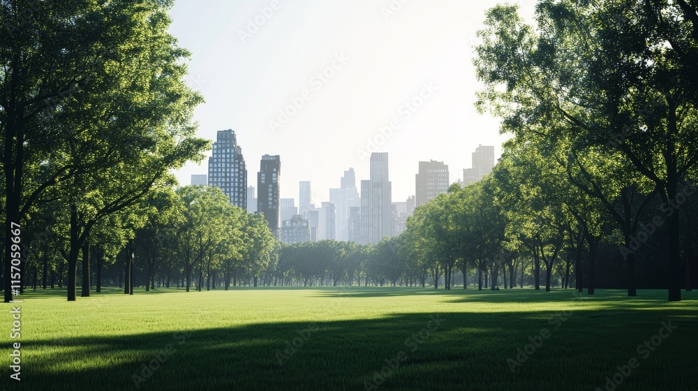 Urban park with lush greenery and skyline views. Urban park with lush greenery and skyline views.