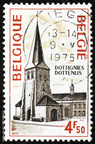 Obraz na płótnie Postage stamp Belgium 1975 Church tower, Dottignies w salonie