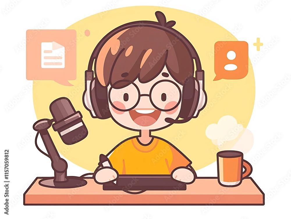 Happy cartoon streamer live broadcasting, using microphone, headphones, tablet. Happy cartoon streamer live broadcasting, using microphone, headphones, tablet.