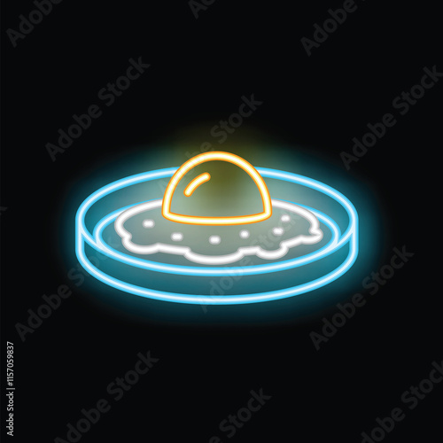 Glowing neon sign showing fried egg sunny side up on a plate in blue and yellow on a black background