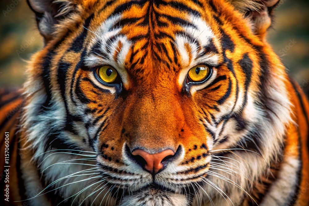 Naklejka premium Stunning Close-up of a Tigress Face with Bright Orange Eyes, Bokeh Background