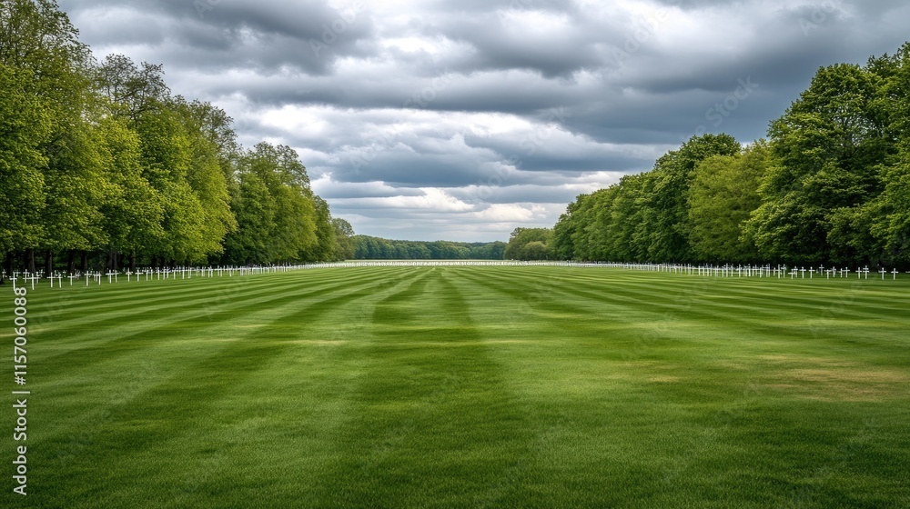 White crosses and wooden tombstones mark the resting place of fallen soldiers in a serene American war cemetery in Normandy, France White crosses and wooden tombstones mark the resting place of fallen soldiers in a serene American war cemetery in Normandy, France