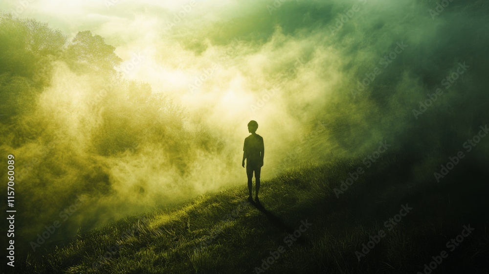 Enigmatic Silhouette in a Misty Landscape Enigmatic Silhouette in a Misty Landscape