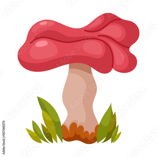 Russula emetica mushroom, red poisonous forest mushroom. Forest grass and leaves. Cartoon vector illustration on a white background.