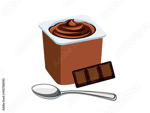 Chocolate yogurt in a plastic cup and spoon vector illustration. Chocolate yogurt plastic cup icon vector isolated on a white background. Yoghurt cocoa mousse and chocolate bar drawing