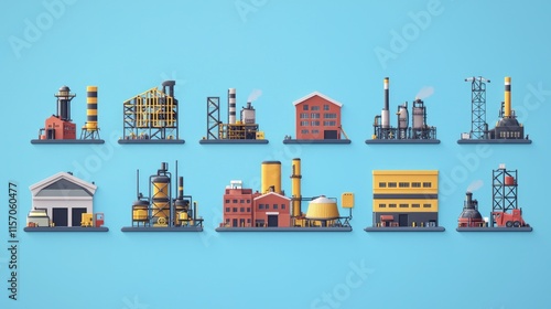 Colorful and Detailed Illustration of Various Industrial Buildings in a Simplistic Style Against a Light Blue Background for Creative and Educational Use
