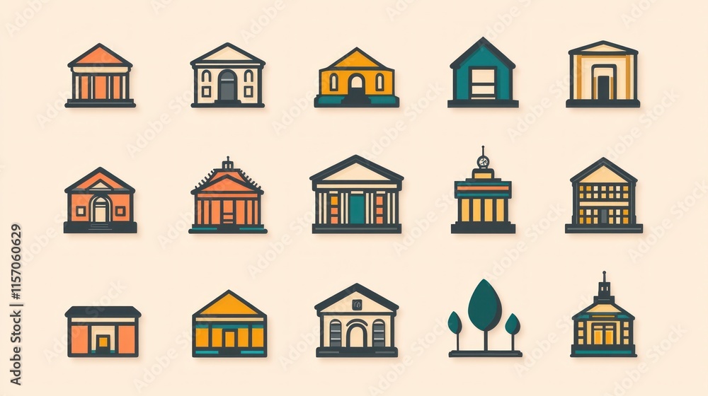 Colorful and Creative Icons of Various Buildings Representing Architectural Styles in a Flat Design Aesthetic Ideal for Backgrounds and Illustrations Colorful and Creative Icons of Various Buildings Representing Architectural Styles in a Flat Design Aesthetic Ideal for Backgrounds and Illustrations