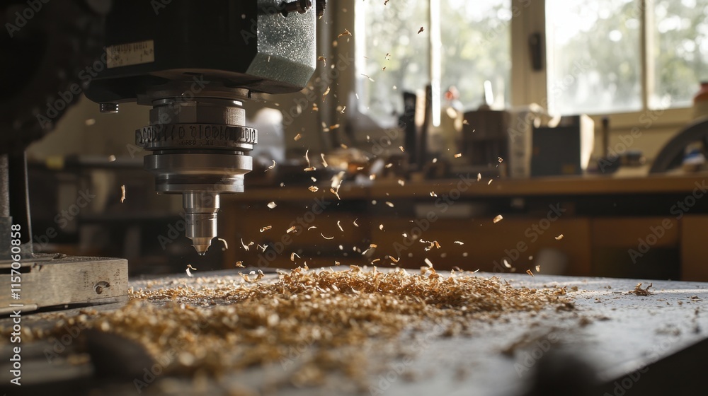 Precision Woodworking Machine Creating Shavings in Workshop Precision Woodworking Machine Creating Shavings in Workshop