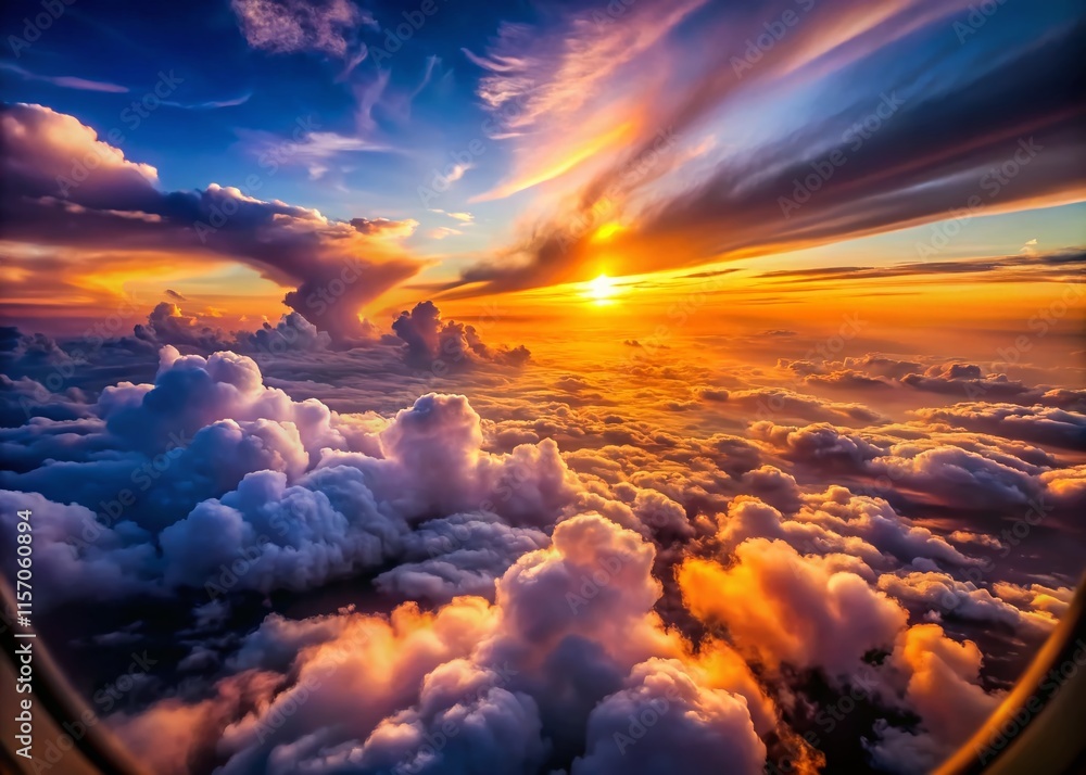 Stunning Sunset Aerial View from Airplane Window: Colorful Cloudscape at Dusk Stunning Sunset Aerial View from Airplane Window: Colorful Cloudscape at Dusk