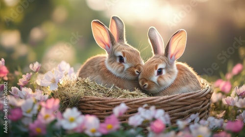Two cute rabbits are cuddling in a wicker basket surrounded by colorful flowers, creating a heartwarming springtime scene