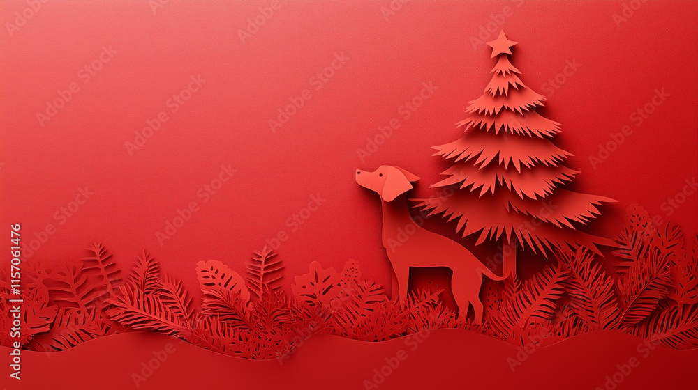 Banner with copy space, paper cut design, dog and Christmas tree, New Year Banner with copy space, paper cut design, dog and Christmas tree, New Year