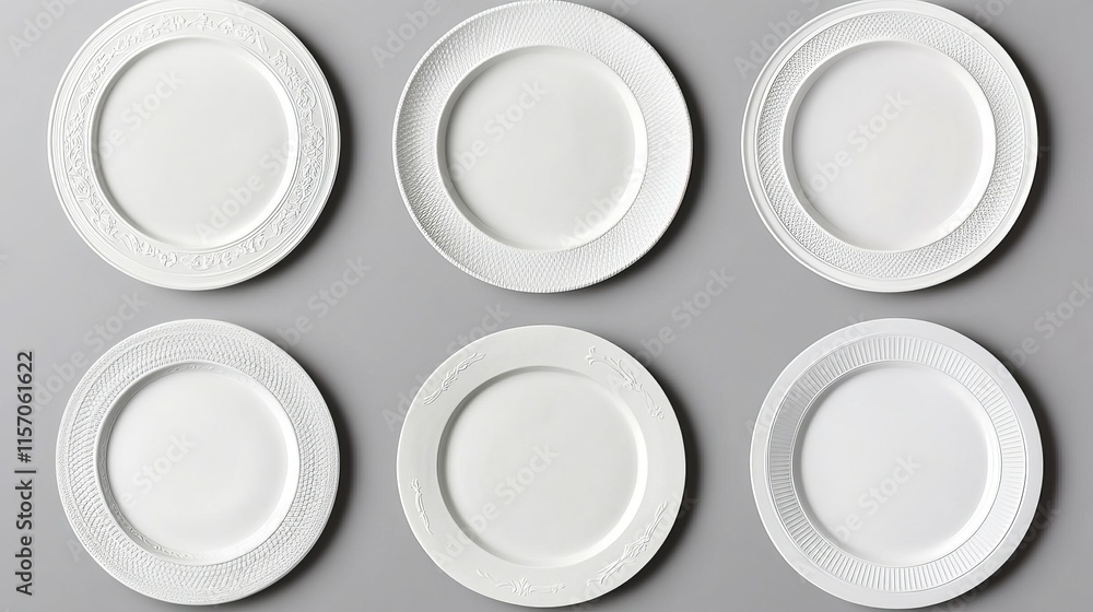 Set of nine white plates each with unique ornamental designs isolated on a gray background