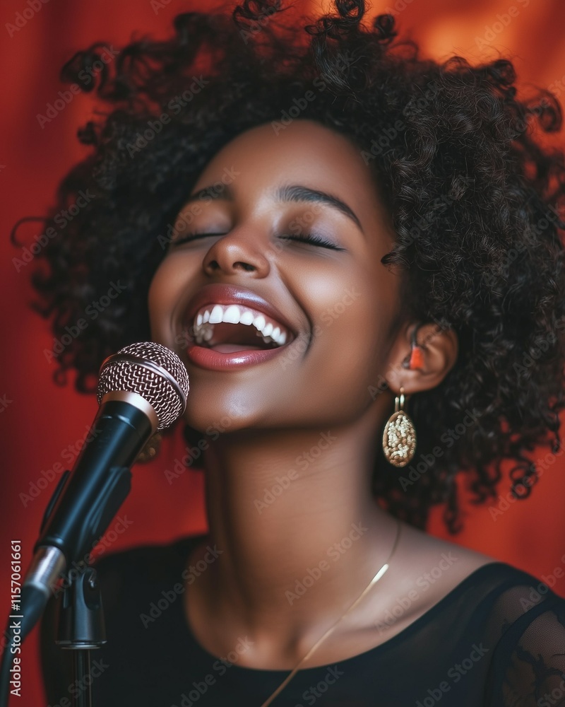 Happy young black woman singing into a microphone while smiling , empty white background
Happy young black woman singing into a microphone while smiling , empty white background