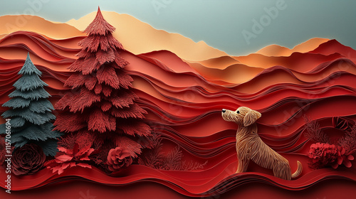 Banner with copy space, paper cut design, dog and Christmas tree, New Year