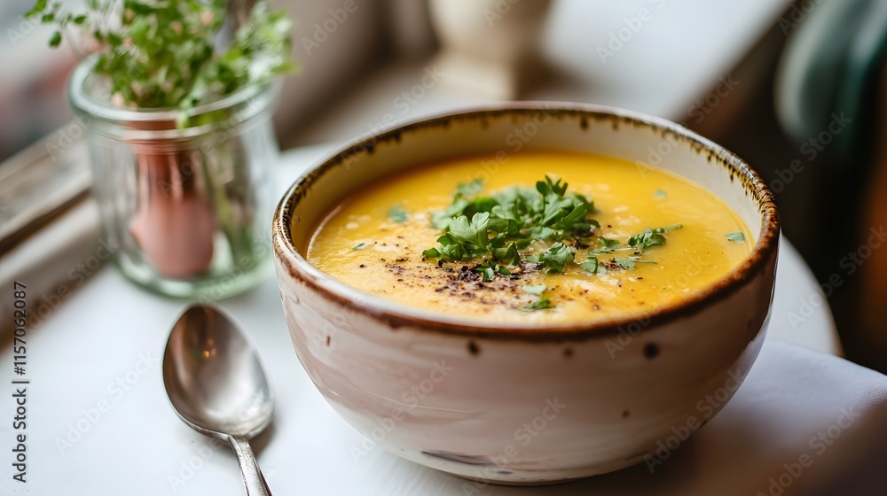 Savoring delicious creamy pumpkin soup cozy kitchen food photography warm interior close-up comfort food inspiration Savoring delicious creamy pumpkin soup cozy kitchen food photography warm interior close-up comfort food inspiration