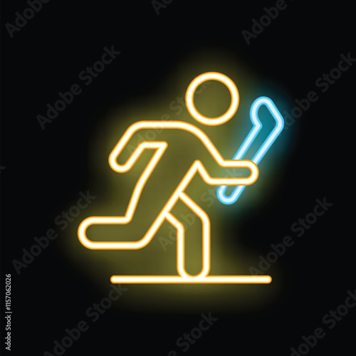 Simple luminous neon style icon of a hockey player running with a stick, on a black background